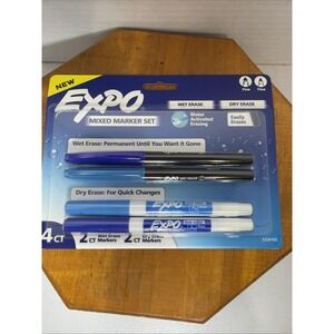 EXPO 4 Count Mixed Marker Set Blue Wet & Dry Erase Fine Tip New